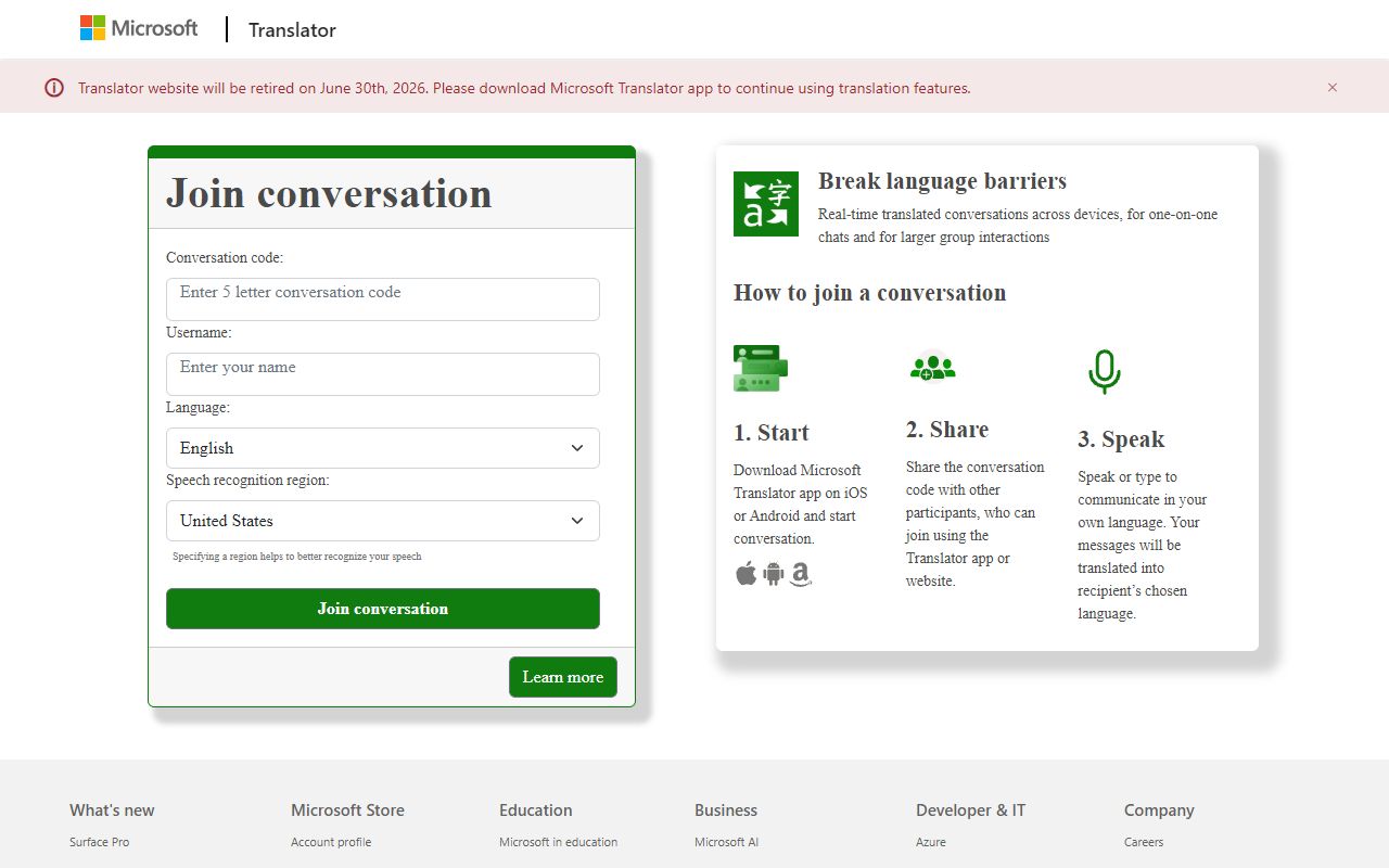 Microsoft Translator - website preview