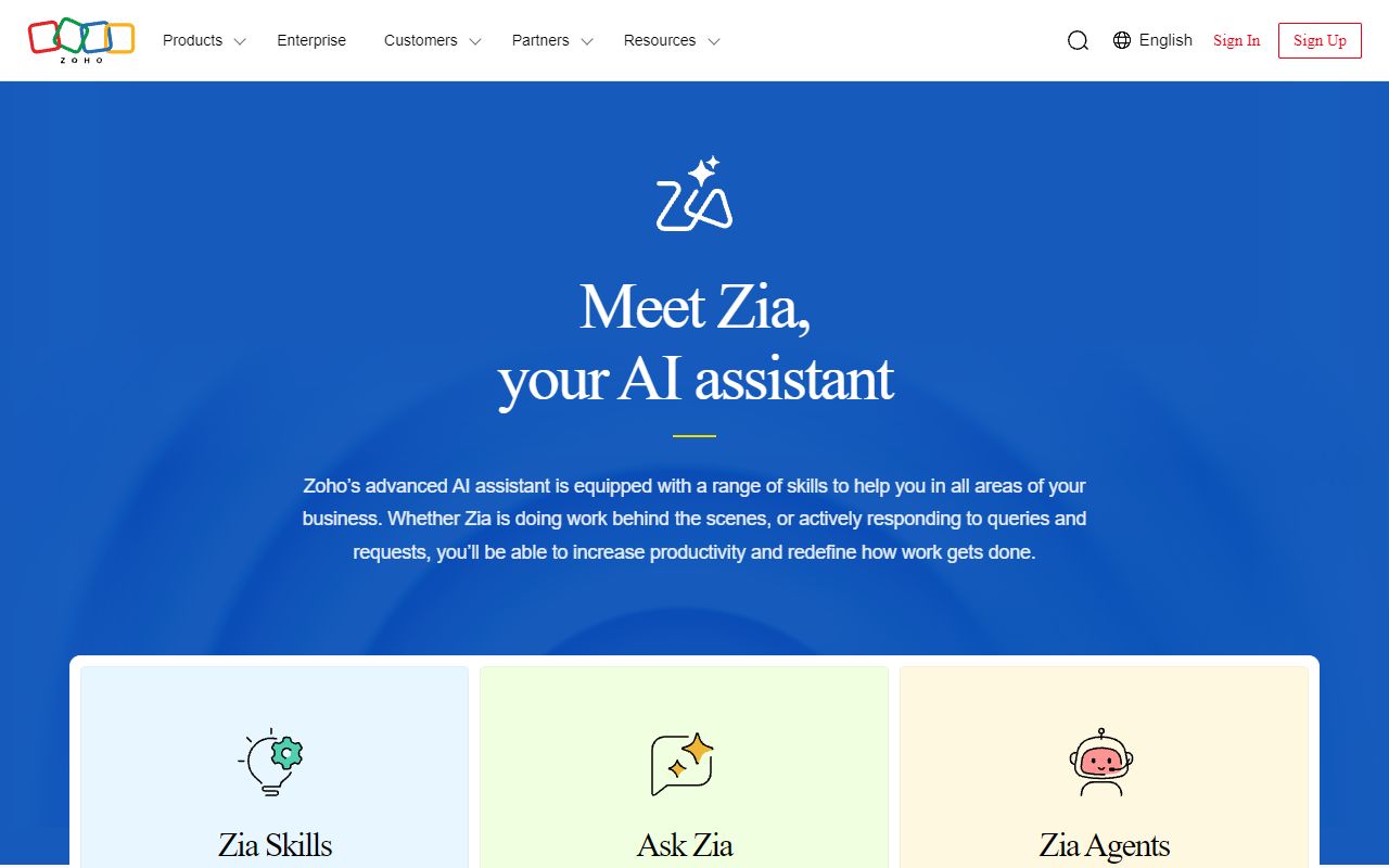 Zoho Zia - website preview