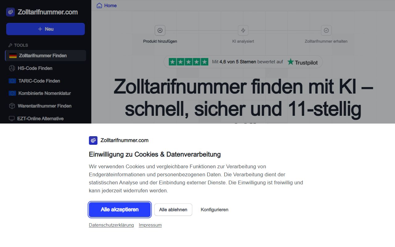 Zolltarifnummer screenshot